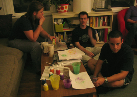 Beth, Hugh, and Keith thinking about bubble-prints.
