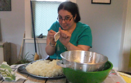 Sam grating the potatoes. I told her to do something clever. To be fair, this is a hard situation to be clever. Sam grating the potatoes. I told her to do something clever. To be fair, this is a hard situation to be clever.