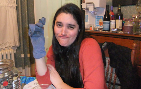 Sue was uninspired by her sock for a good part of the evening... And she looks disappointed because, you know, making a gorgeous sock puppet is such a useful life skill. 
