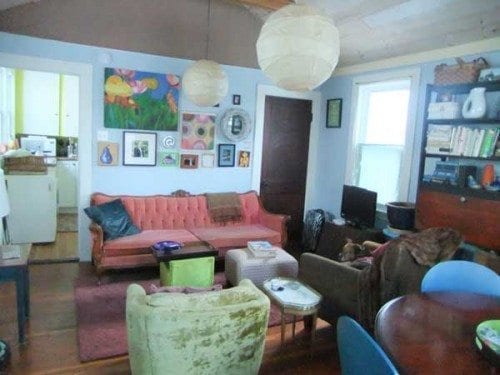 The view when I walk in, instantly relaxing complete with my memere's pink couch and my own shorty dog.